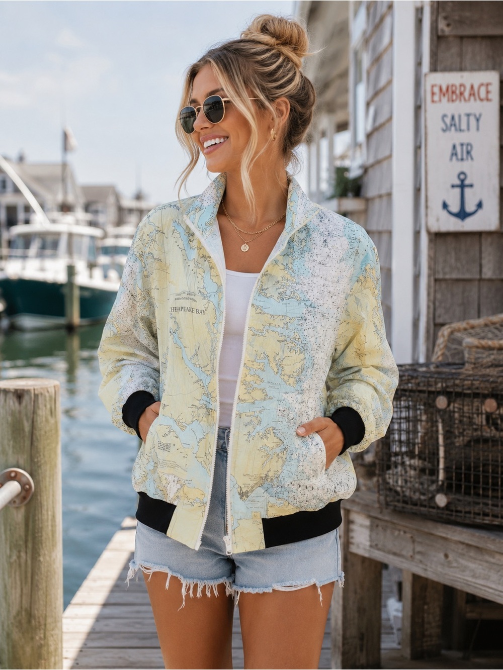 Chesapeake Bay Map Print Lightweight Windbreaker Jacket Size Medium Coastal